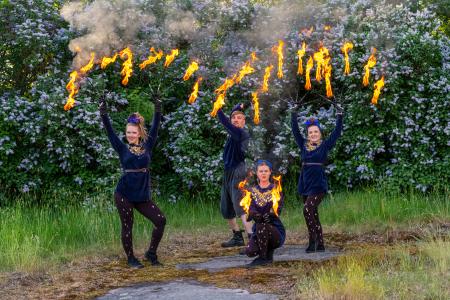 Viuhkojen ja keppien muodostama tulikuvia syreenien edessä.